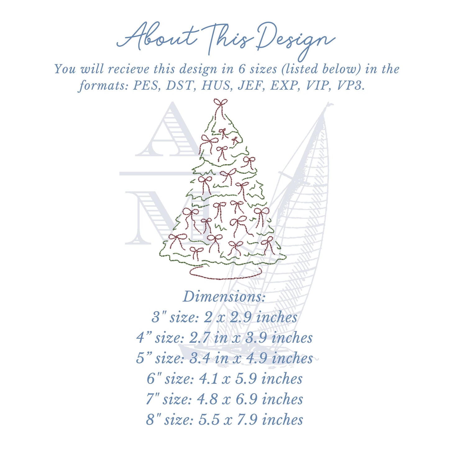 Christmas Tree with Bows Outline Holiday Embroidery Design, Quick Stitch, 8 Sizes,  Machine Embroidery Digital File