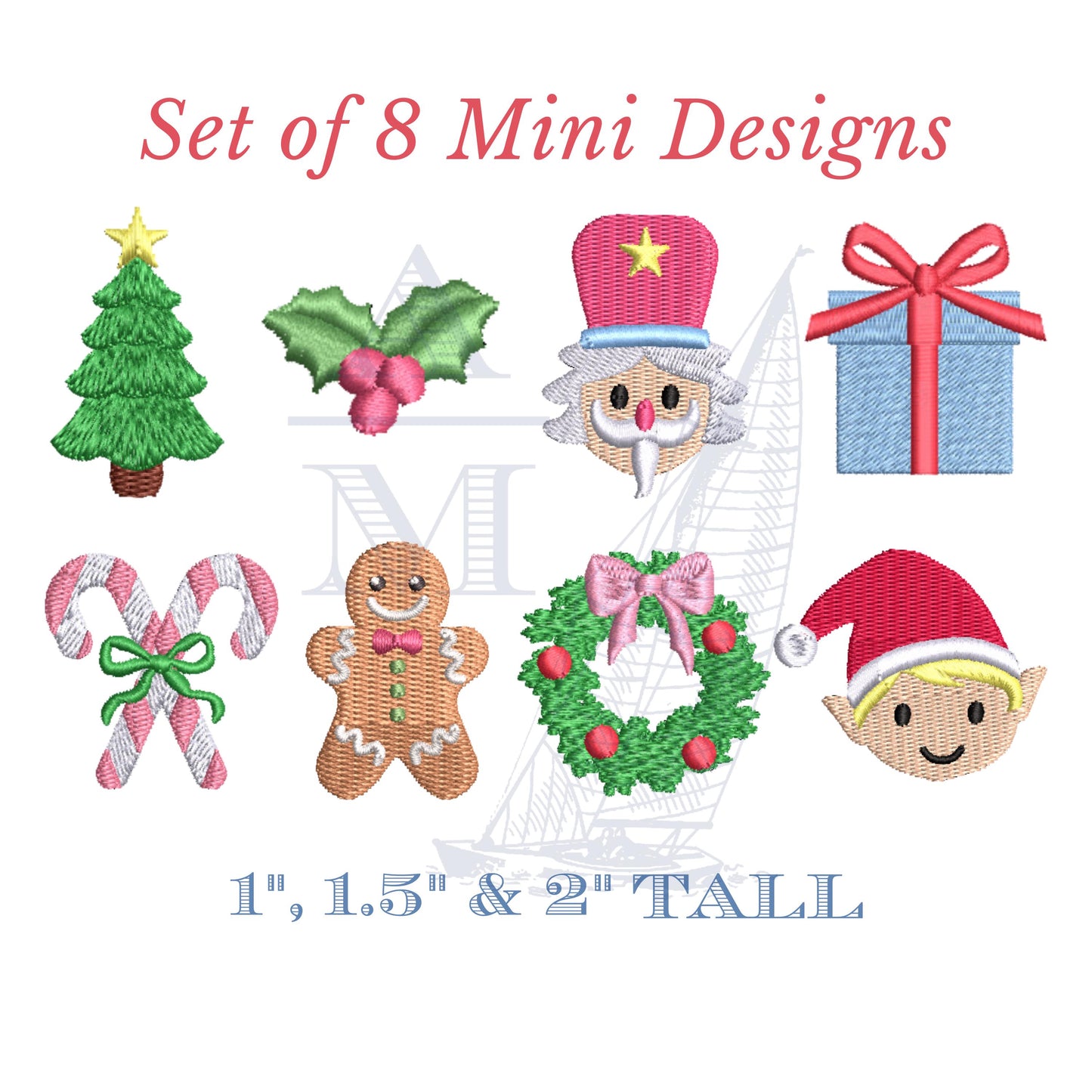 Christmas Kids Embroidery Design Set of 8, Holly, Nutcracker, Gingerbread Man, Elf, Candy Cane, 3 Sizes Each,  Digital Design Files