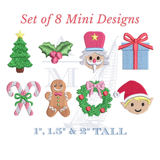 Christmas Kids Embroidery Design Set of 8, Holly, Nutcracker, Gingerbread Man, Elf, Candy Cane, 3 Sizes Each,  Digital Design Files