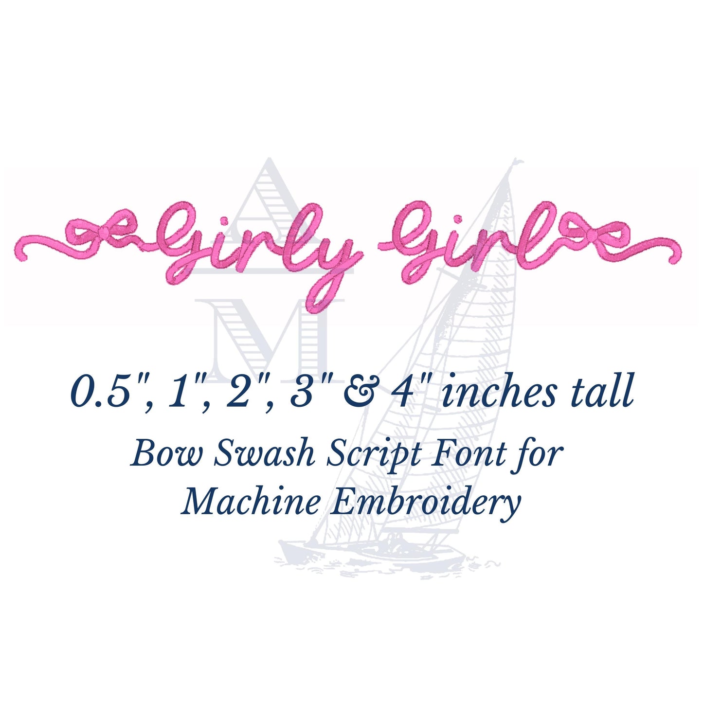 Girly Bow Script Embroidery Font with Satin Finish,  BX Included,  Machine Embroidery Digital Font File, 5 Sizes