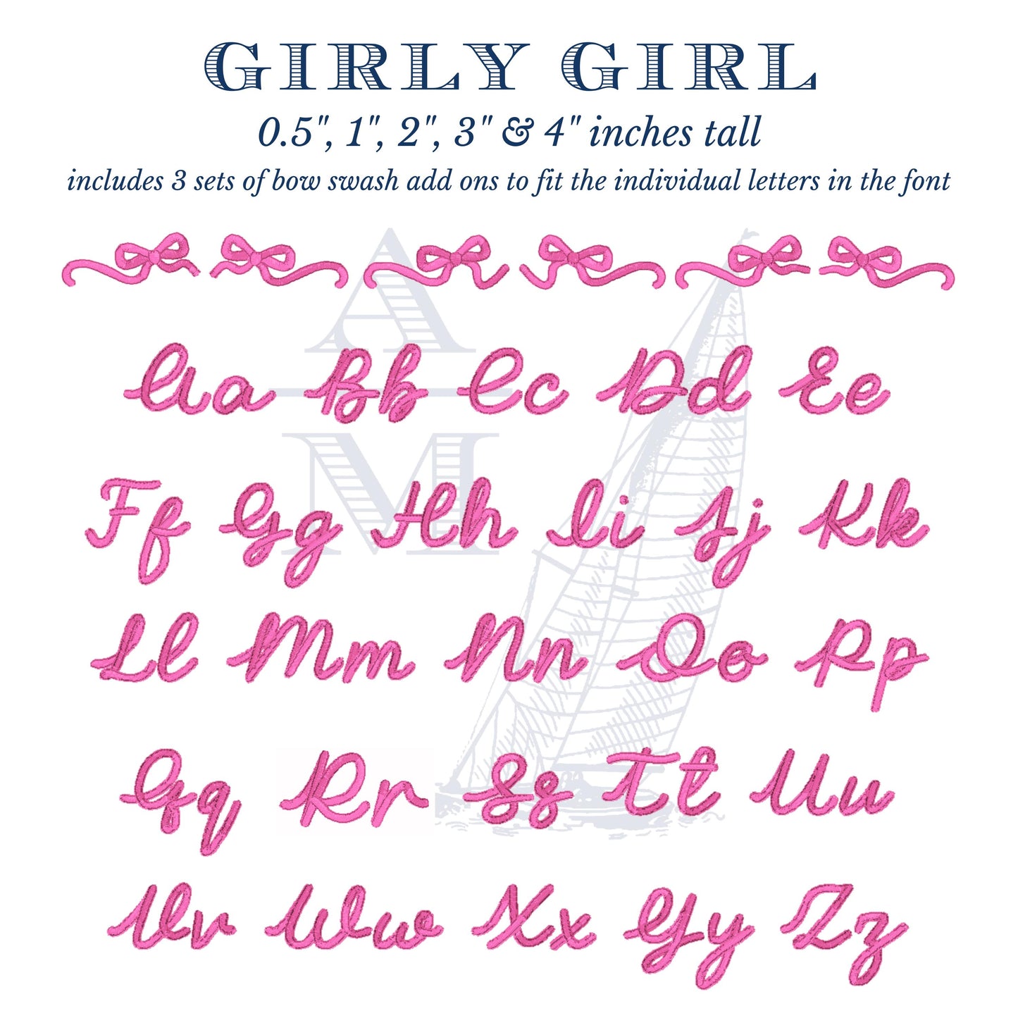 Girly Bow Script Embroidery Font with Satin Finish,  BX Included,  Machine Embroidery Digital Font File, 5 Sizes