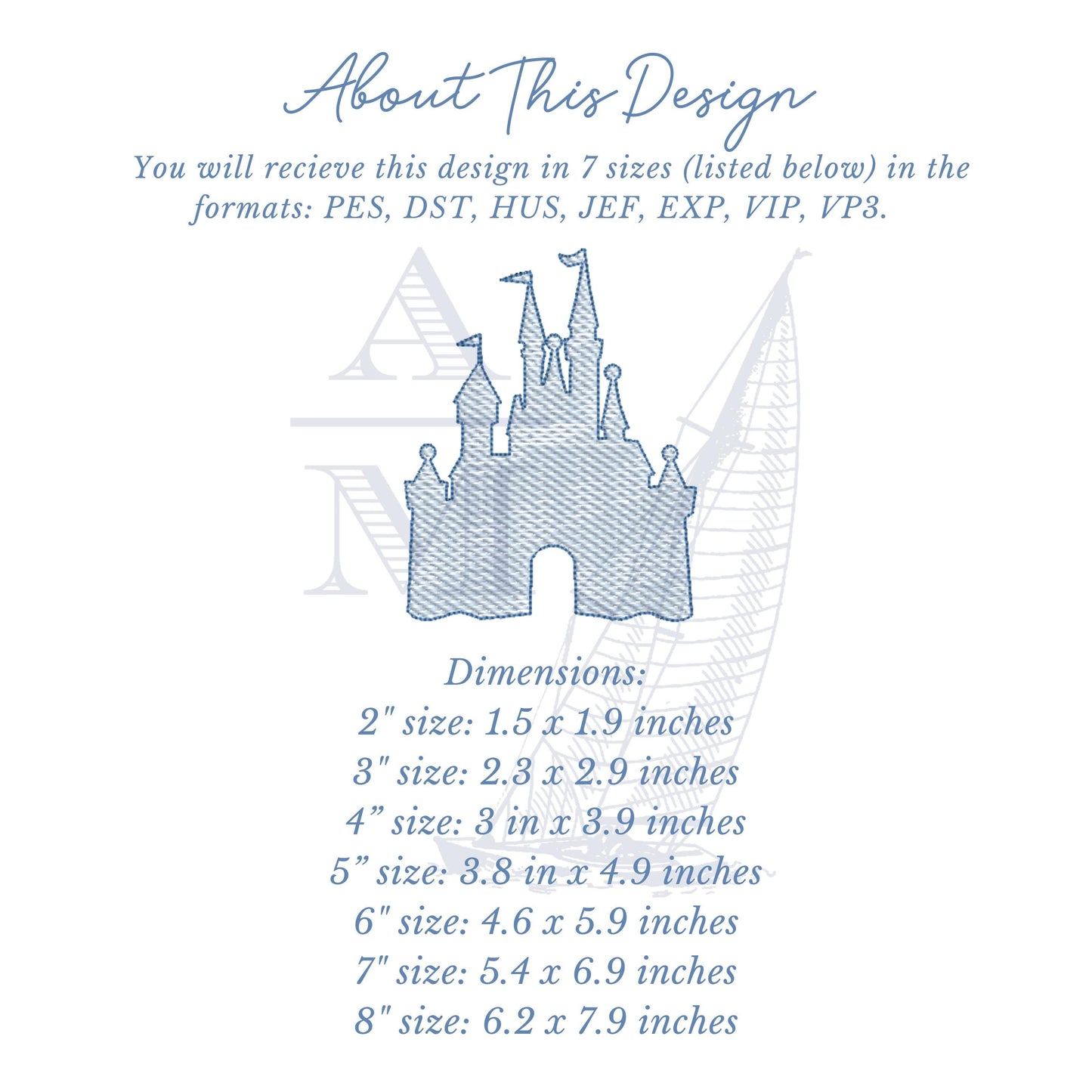 Princess Castle Embroidery Design, Quick stitch sketch fill, vintage style embroidery machine file, 8 sizes