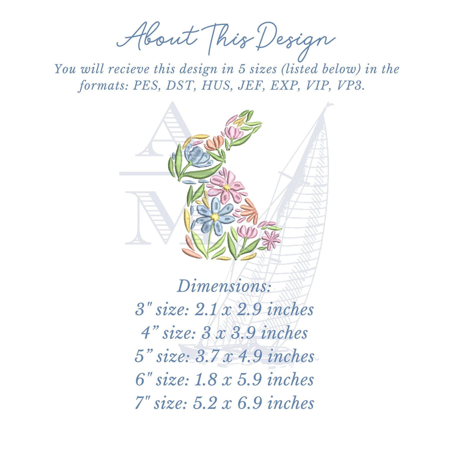 Floral Bunny Embroidery Design, Flowers and Leaves, Bunny Shape Silhouette Design, Create Multiple Styles with One Design, 5 Sizes