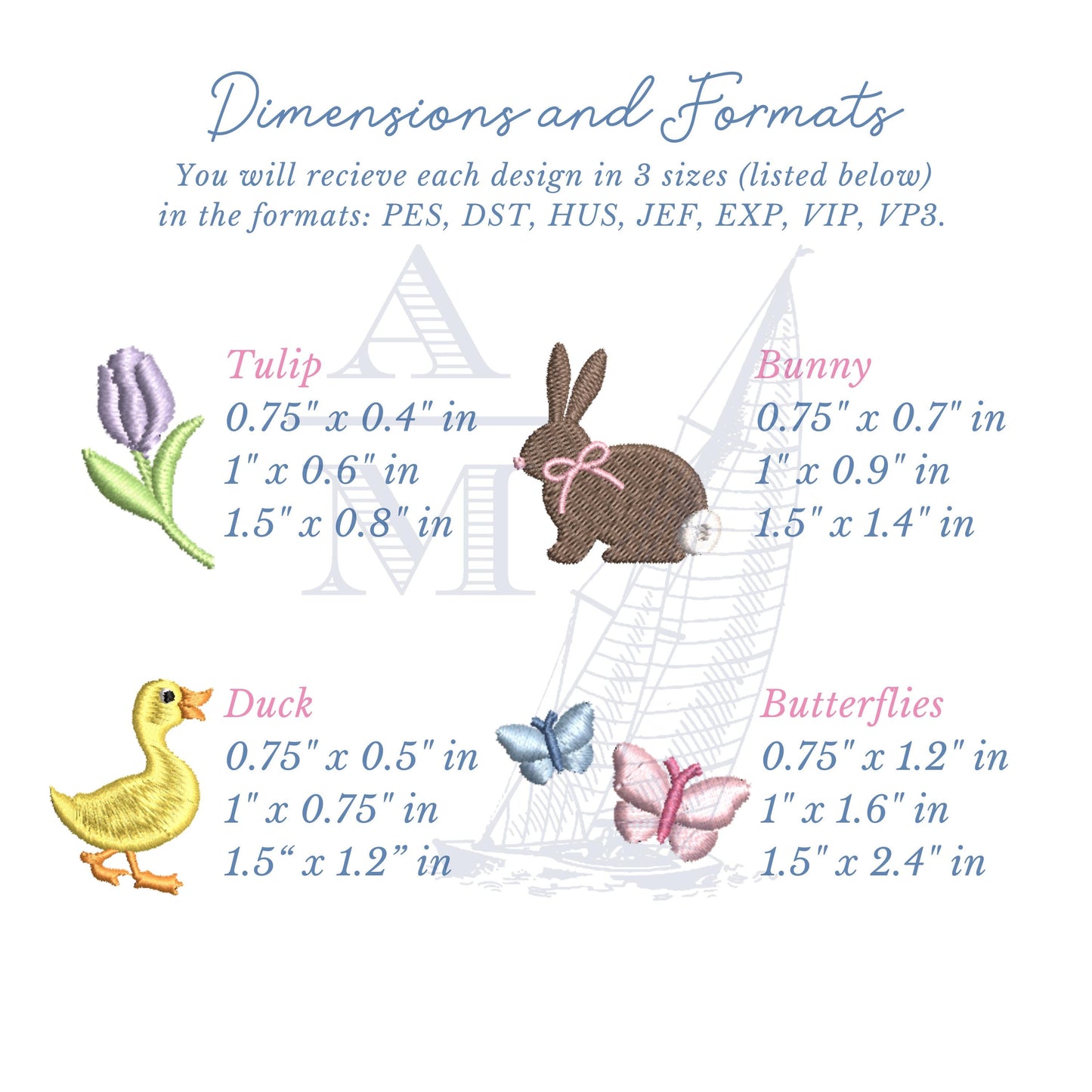 SET OF 8 Spring Embroidery Designs, 3 sizes each, Bunny, Duck, Carrot, Tulip, Strawberry, Butterflies, Bonnet, Topiary, Easter Chinoiserie