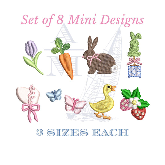 SET OF 8 Spring Embroidery Designs, 3 sizes each, Bunny, Duck, Carrot, Tulip, Strawberry, Butterflies, Bonnet, Topiary, Easter Chinoiserie