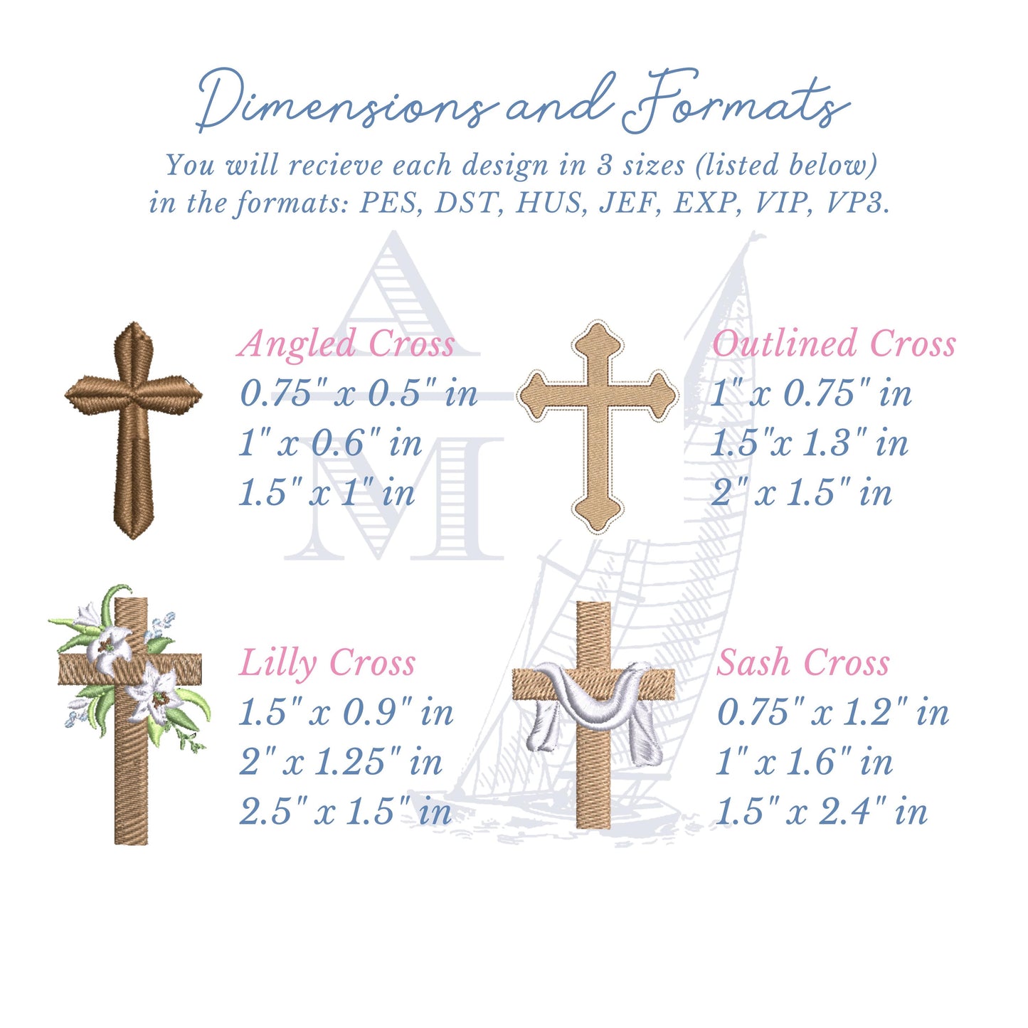 Cross Religious Embroidery Design Set of 4, Easter Baptism Communion,  3 Sizes,  Machine Embroidery Digital File