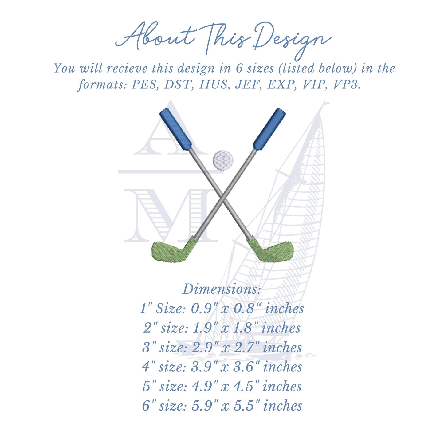 Golf Embroidery Design, Crossed Golf Clubs with Golf Ball, Golf Monogram Frame, Add Initials, 6 Sizes