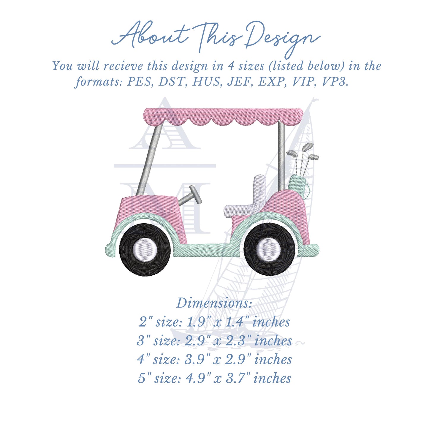 Golf Cart Embroidery Design with Clubs,  4 Sizes,  Machine Embroidery Digital File