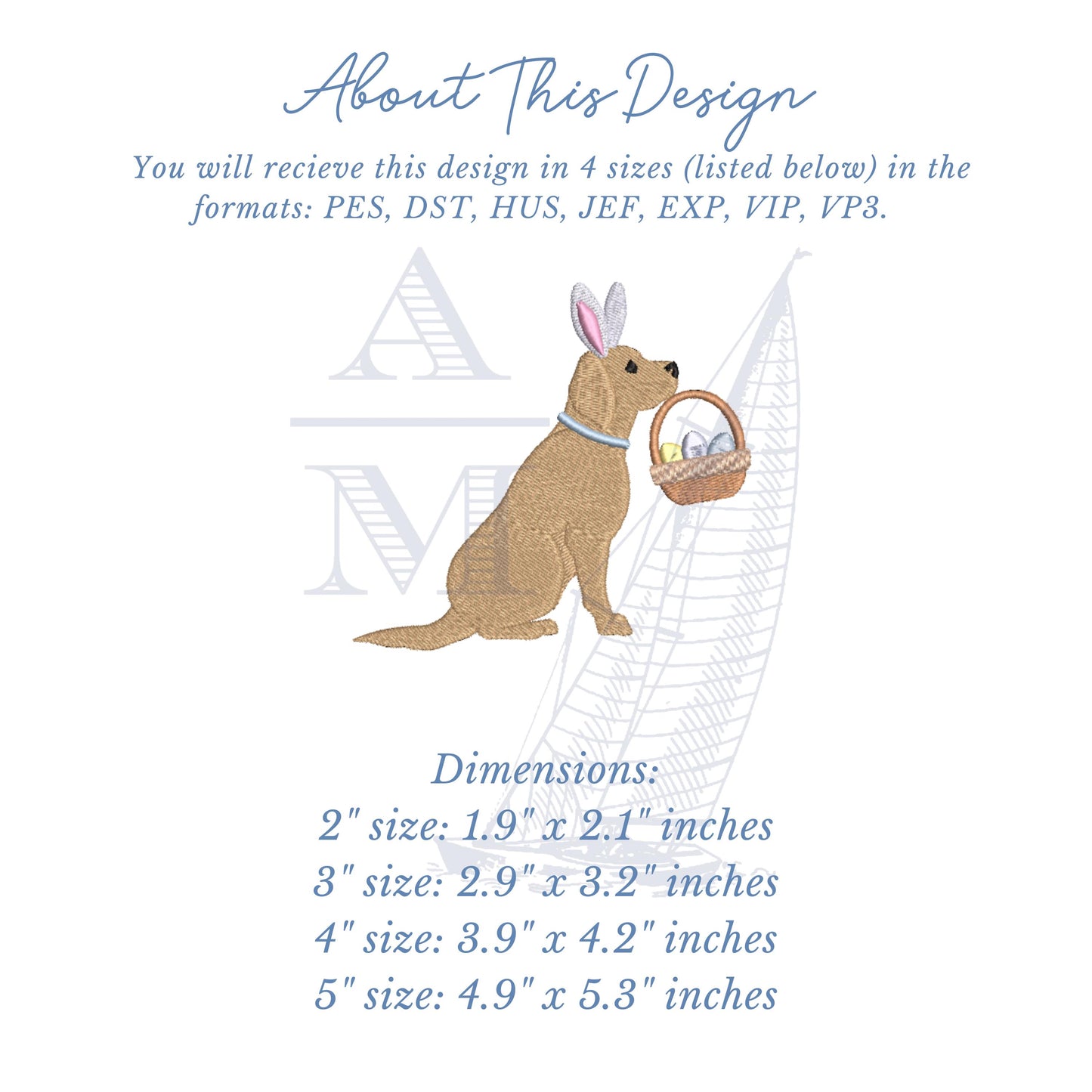 Easter Dog Embroidery Design for Machine Embroidery with Bunny Ears and Easter Egg Basket, Lab Puppy Design File, 4 Sizes