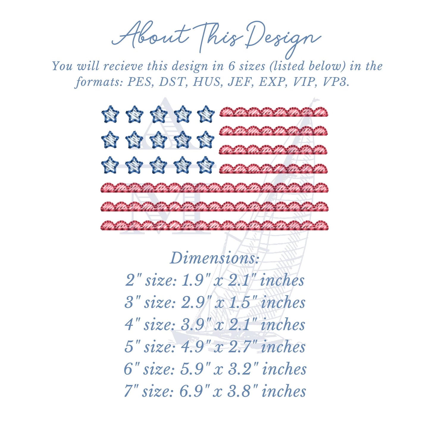 Scalloped American Flag Stars and Stripes Embroidery Design, Sketch Fill, Patriotic Machine Embroidery, 5 Sizes