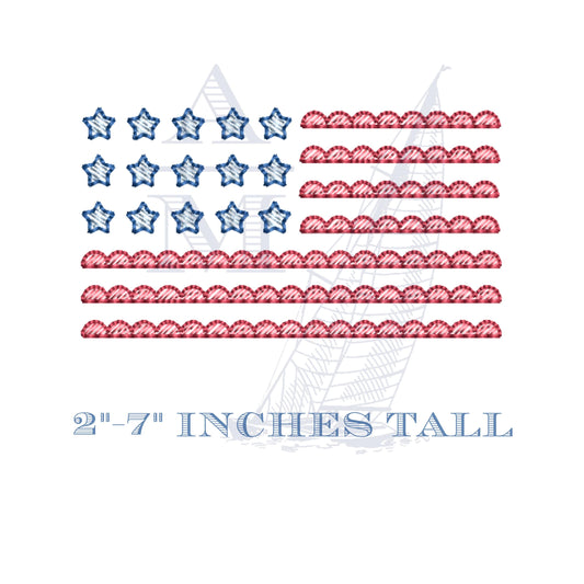Scalloped American Flag Stars and Stripes Embroidery Design, Sketch Fill, Patriotic Machine Embroidery, 5 Sizes