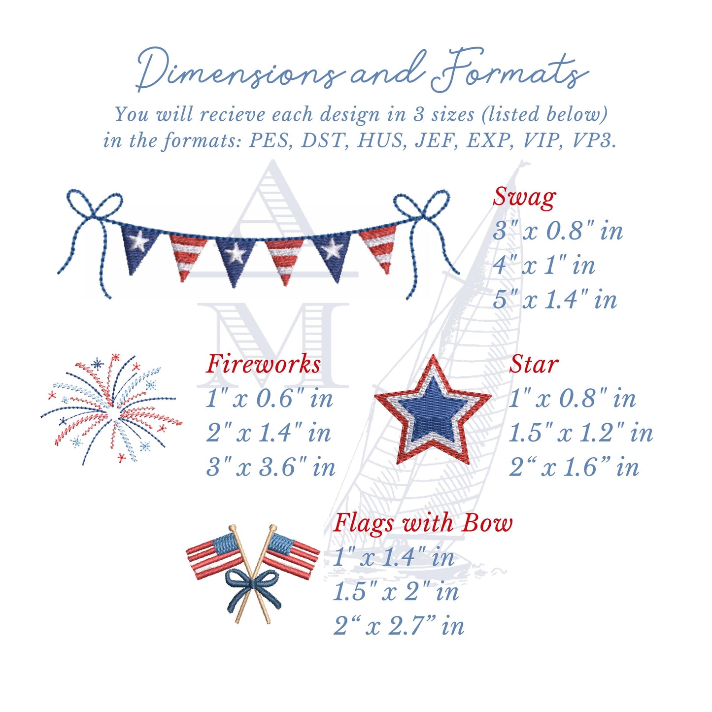 Patriotic American Embroidery Designs Set of 8, USA, Flag, 4th of July Topiary, Bald Eagle, Firework, Star, 3 Sizes Each