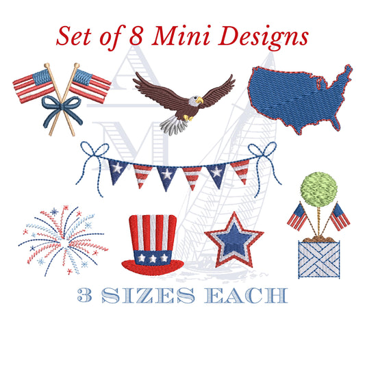 Patriotic American Embroidery Designs Set of 8, USA, Flag, 4th of July Topiary, Bald Eagle, Firework, Star, 3 Sizes Each