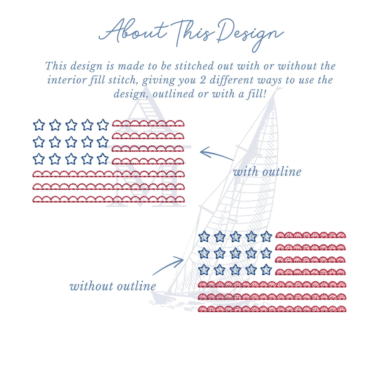 Scalloped American Flag Stars and Stripes Embroidery Design, Sketch Fill, Patriotic Machine Embroidery, 5 Sizes