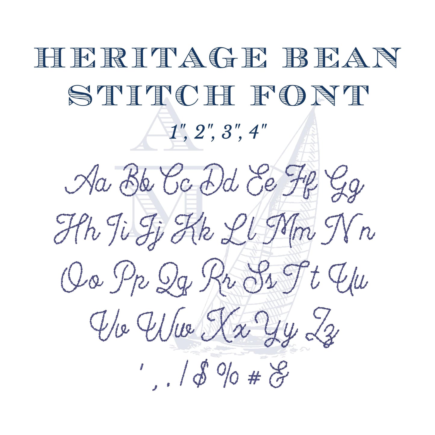 Hand Stitch Handwritten Style Font for Machine Embroidery, Heritage Bean by Annapolis Monograms, Floss Stitch, BX Included 1-4 inches