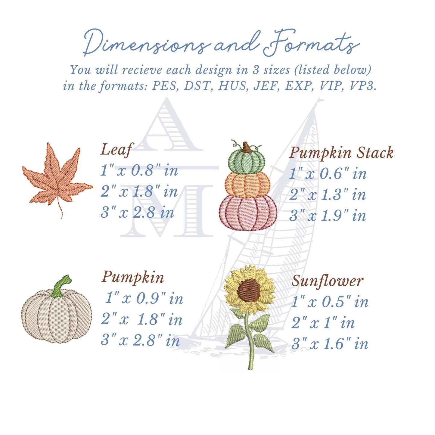 Mini Fall Embroidery Designs Set of 4 | Pumpkin, Pumpkin Stack, Leaf, Sunflower | 3 Sizes Each | Autumn, Thanksgiving, Digital Design File