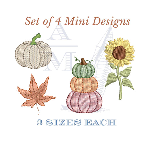 Mini Fall Embroidery Designs Set of 4 | Pumpkin, Pumpkin Stack, Leaf, Sunflower | 3 Sizes Each | Autumn, Thanksgiving, Digital Design File