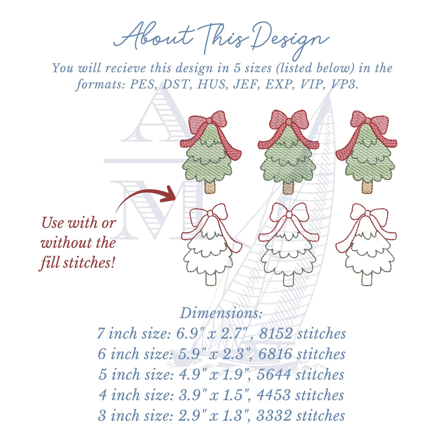 Christmas Trees with Bows Embroidery Design Trio, Holiday Christmas Tree Digital Files, 5 Sizes for Xmas Projects, Machine Embroidery
