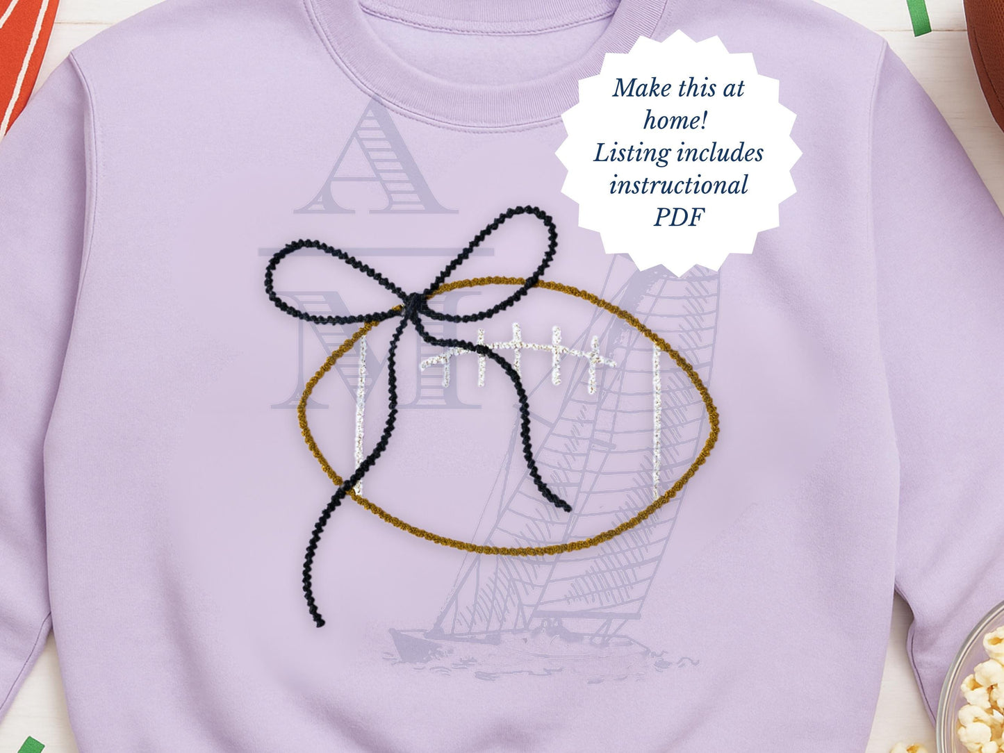 Chenille Yarn Football Bow Applique Embroidery Design, Digital File, 6 Sizes for Sweatshirts, Hats, Bags, Crafts, Trendy Decorative Football