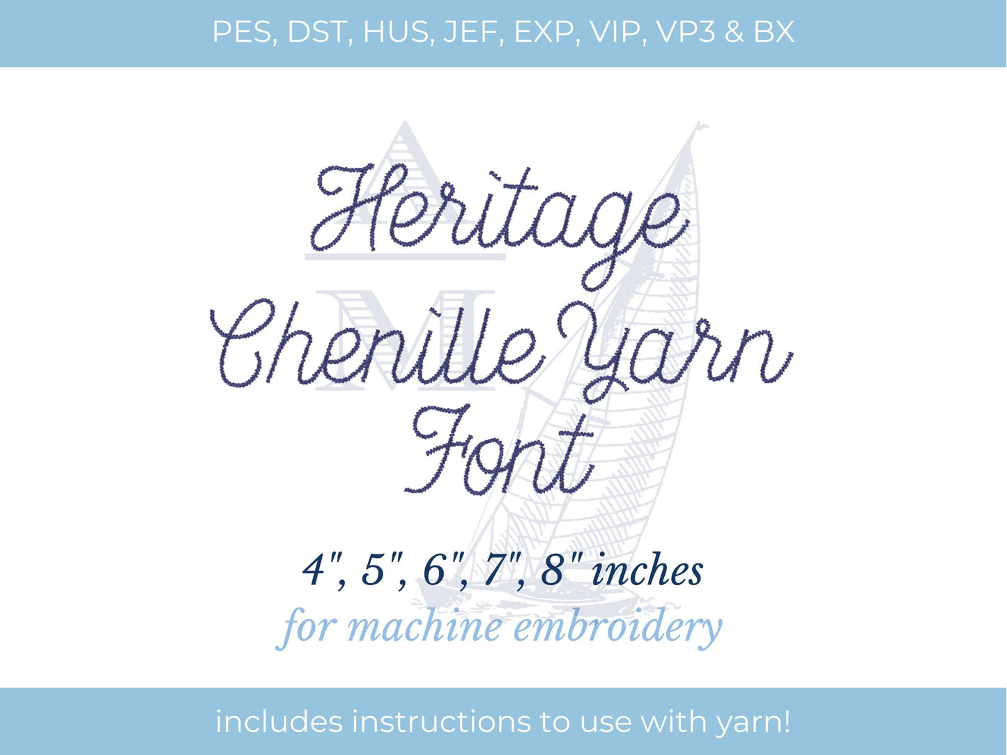Yarn Embroidery Script Font, Heritage Chenille Applique Machine Embroidery Font by Annapolis Monograms, 4"-8", BX Included