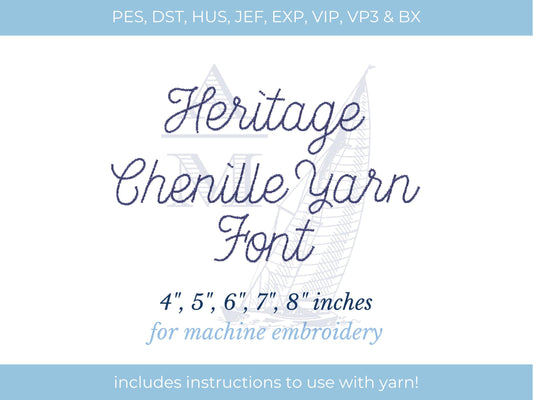 Yarn Embroidery Script Font, Heritage Chenille Applique Machine Embroidery Font by Annapolis Monograms, 4"-8", BX Included