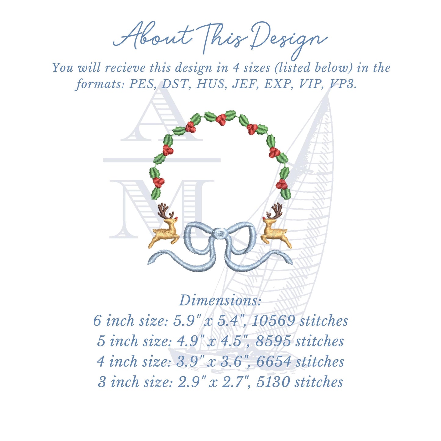 Holly Reindeer Bow Christmas Embroidery Monogram Frame, Festive Holiday Design, Digital Files for Xmas Crafts, 4 Sizes
