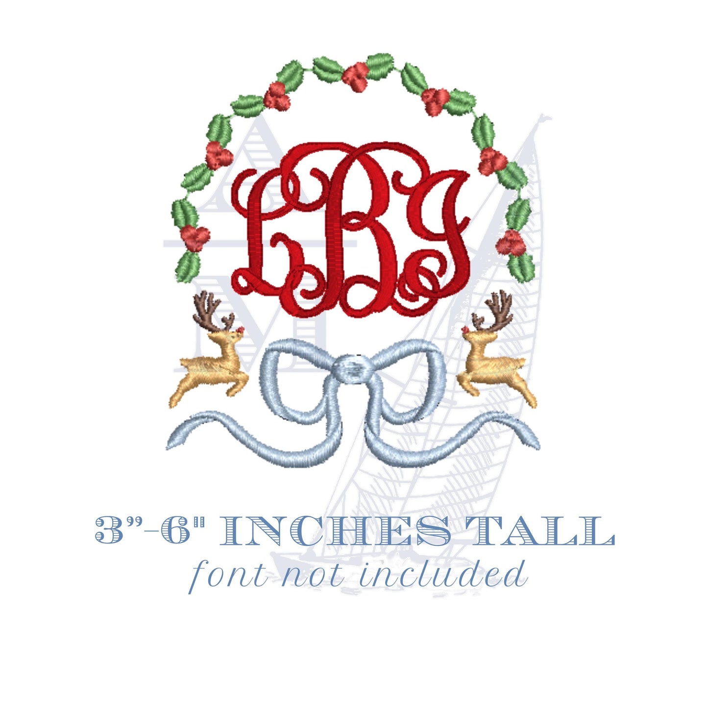 Holly Reindeer Bow Christmas Embroidery Monogram Frame, Festive Holiday Design, Digital Files for Xmas Crafts, 4 Sizes