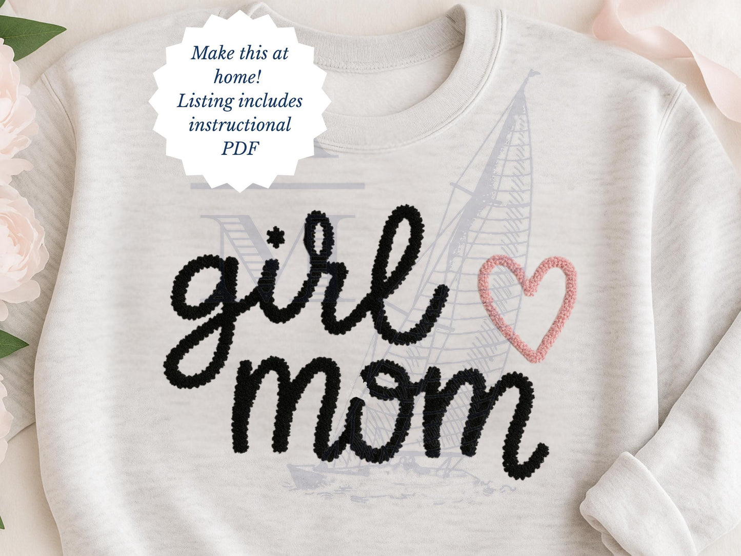 Chenille Yarn Girl Mom Heart Applique Embroidery Design, Mama Digital File, 7 Sizes for Sweatshirts, Hats, Bags, Crafts, Trendy