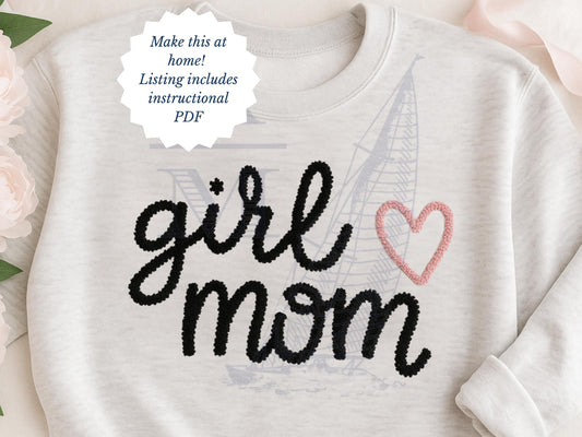 Chenille Yarn Girl Mom Heart Applique Embroidery Design, Mama Digital File, 7 Sizes for Sweatshirts, Hats, Bags, Crafts, Trendy