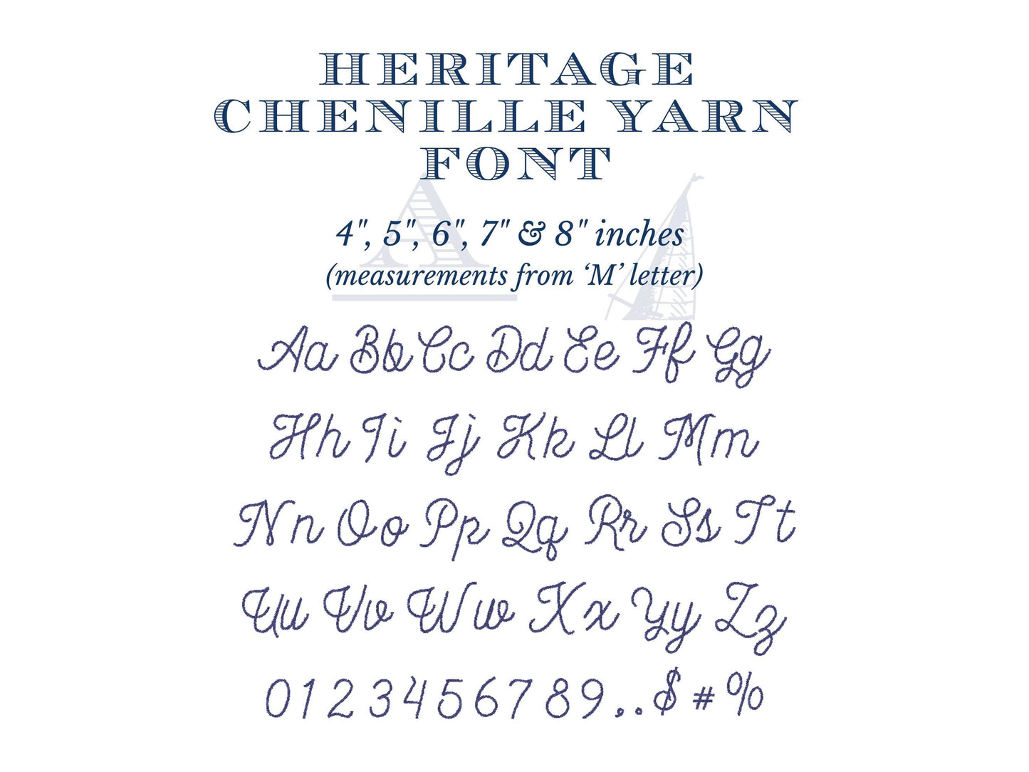 Yarn Embroidery Script Font, Heritage Chenille Applique Machine Embroidery Font by Annapolis Monograms, 4"-8", BX Included