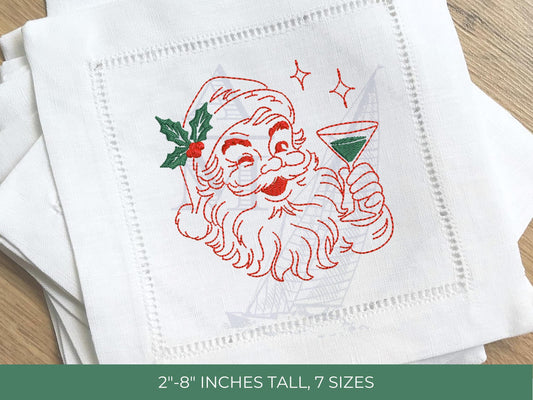 Vintage Santa Cocktail Embroidery Design, Christmas Drinks, Quick Stitch Holiday Decor, Monogrammed Gifts, 7 Sizes, Redwork Santa Outline