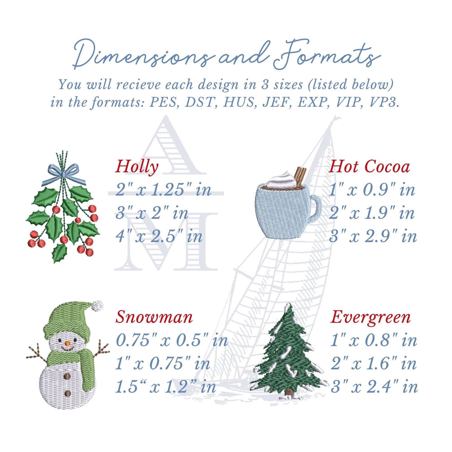 SET OF 8 Winter Embroidery Design Set | Snowflake, Snowman, Mittens, Beanie, Ice Skate, Christmas Motifs | 3 sizes for holiday projects