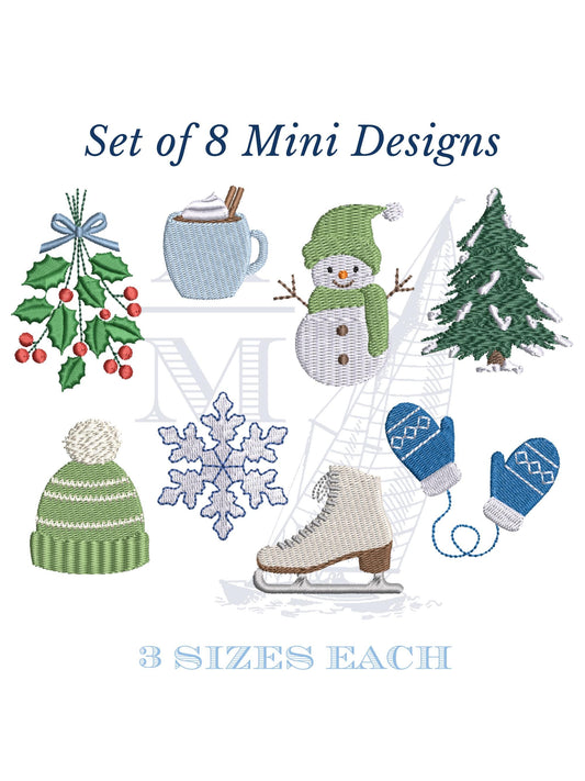 SET OF 8 Winter Embroidery Design Set | Snowflake, Snowman, Mittens, Beanie, Ice Skate, Christmas Motifs | 3 sizes for holiday projects