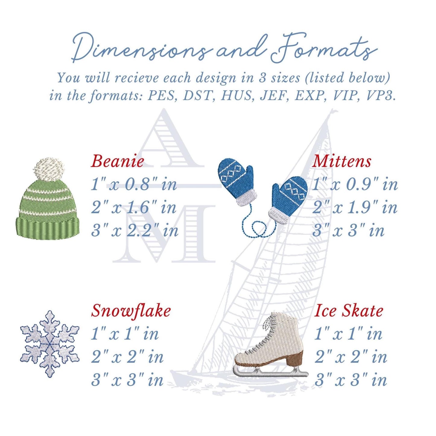 SET OF 8 Winter Embroidery Design Set | Snowflake, Snowman, Mittens, Beanie, Ice Skate, Christmas Motifs | 3 sizes for holiday projects