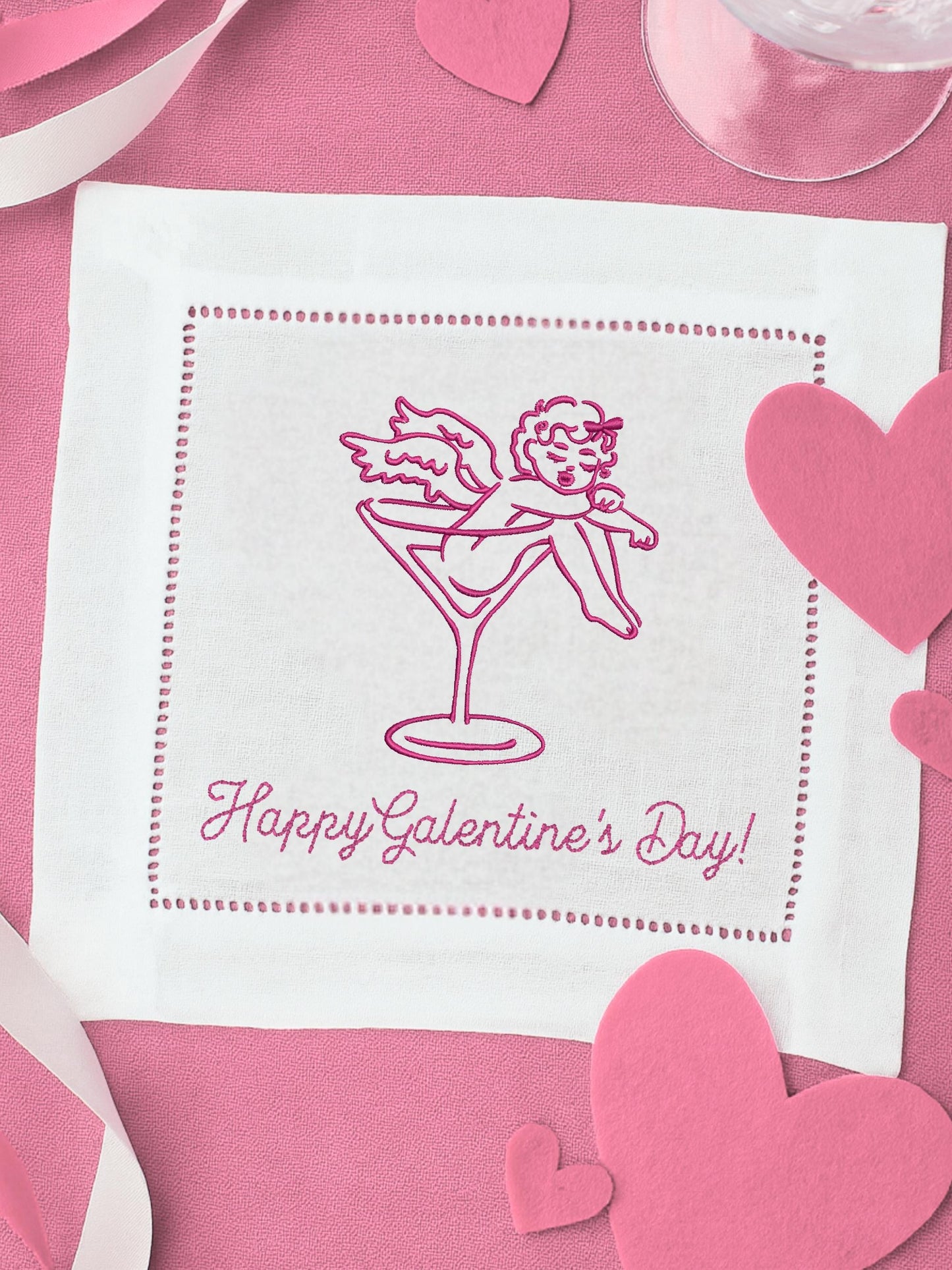 Retro Cupid with Martini Glass Valentines Day Embroidery Design, Great for Cocktail Napkins, Galentines Day, 4 Sizes