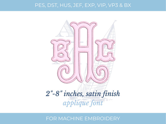 Curl Fishtail Applique Font for Machine Embroidery, Digital File, 2"-8" Tall, Monogram Satin Finish, BX Included